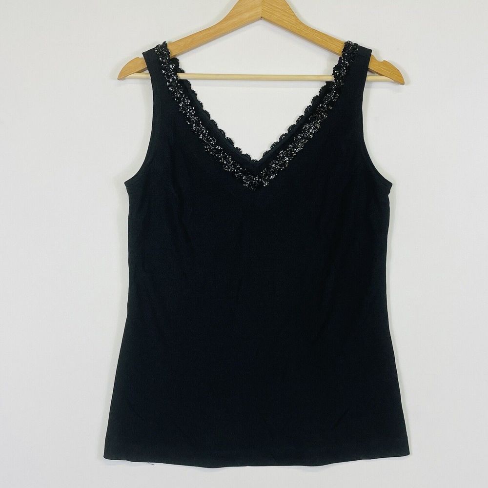 Three Flaggs Edith Flagg Vintage Black Sequin Neck Tank Top‎ Shirt Womens Medium